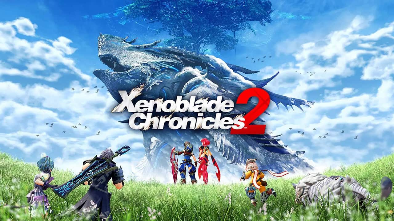 Rex, Pyra, and their companions face a Titan beneath the World Tree in Xenoblade Chronicles 2
